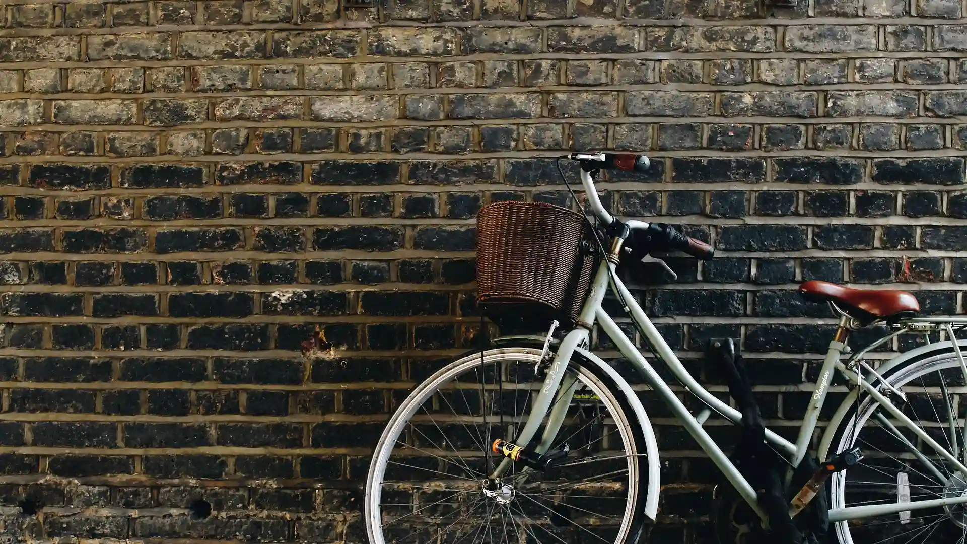 In the picture, a bike resting against a wall of black bricks.